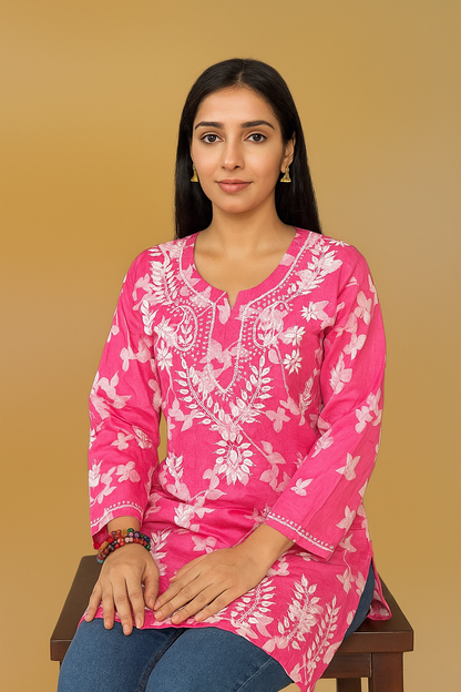 Lucknowi Chikankari Pink 'Shagufta' Printed Cotton Short Kurti-T000021
