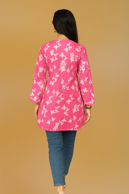 Lucknowi Chikankari Pink 'Shagufta' Printed Cotton Short Kurti-T000021