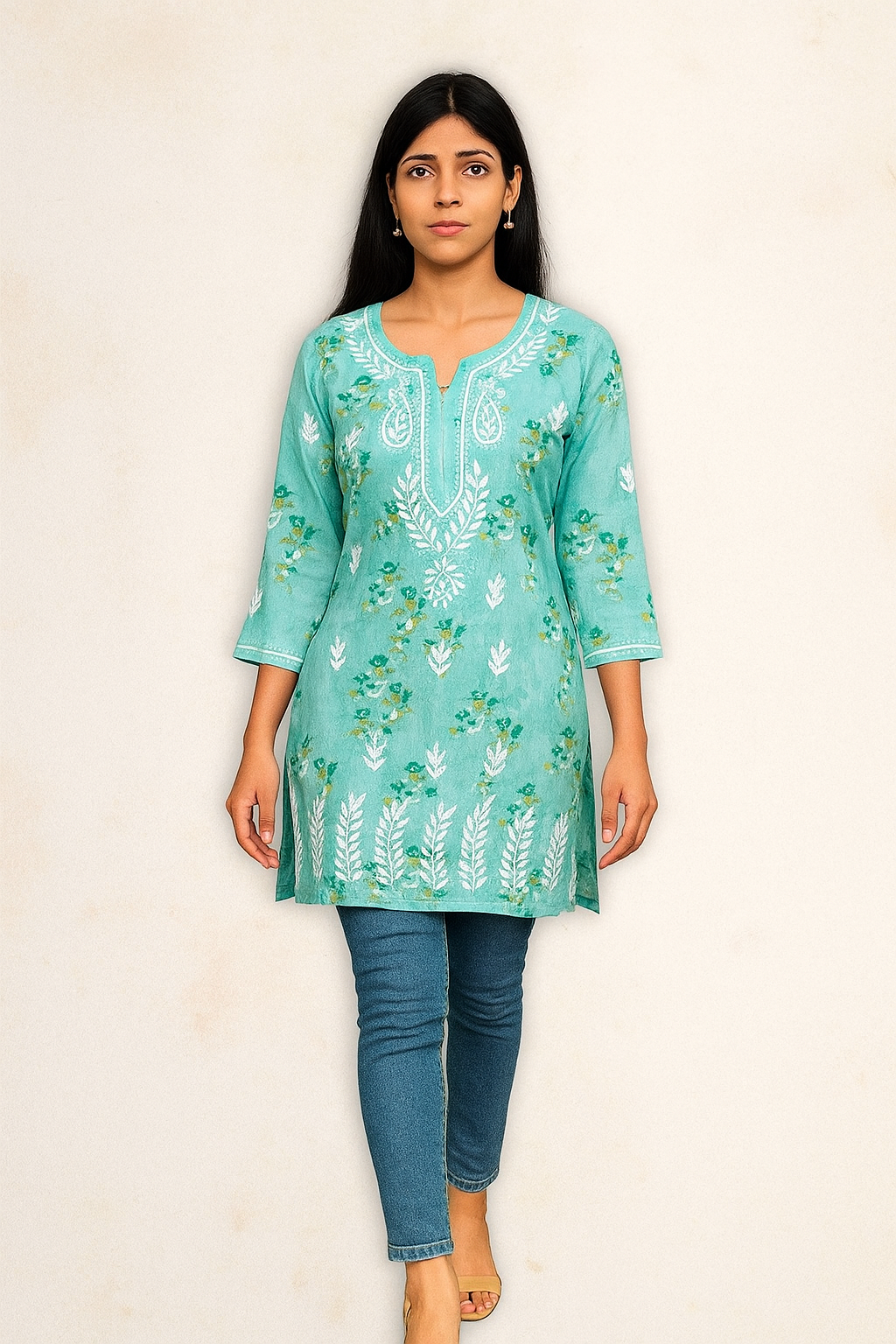 Lucknowi Chikankari Green 'Bahar' Printed Cotton Short Kurti-T000023