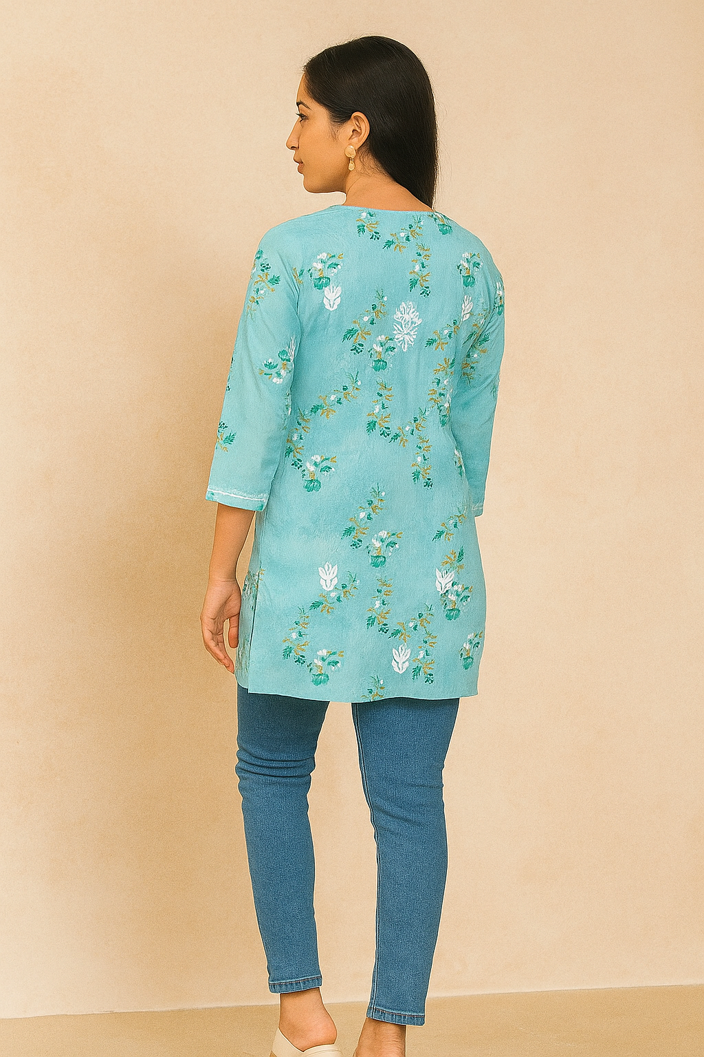 Lucknowi Chikankari Green 'Bahar' Printed Cotton Short Kurti-T000023