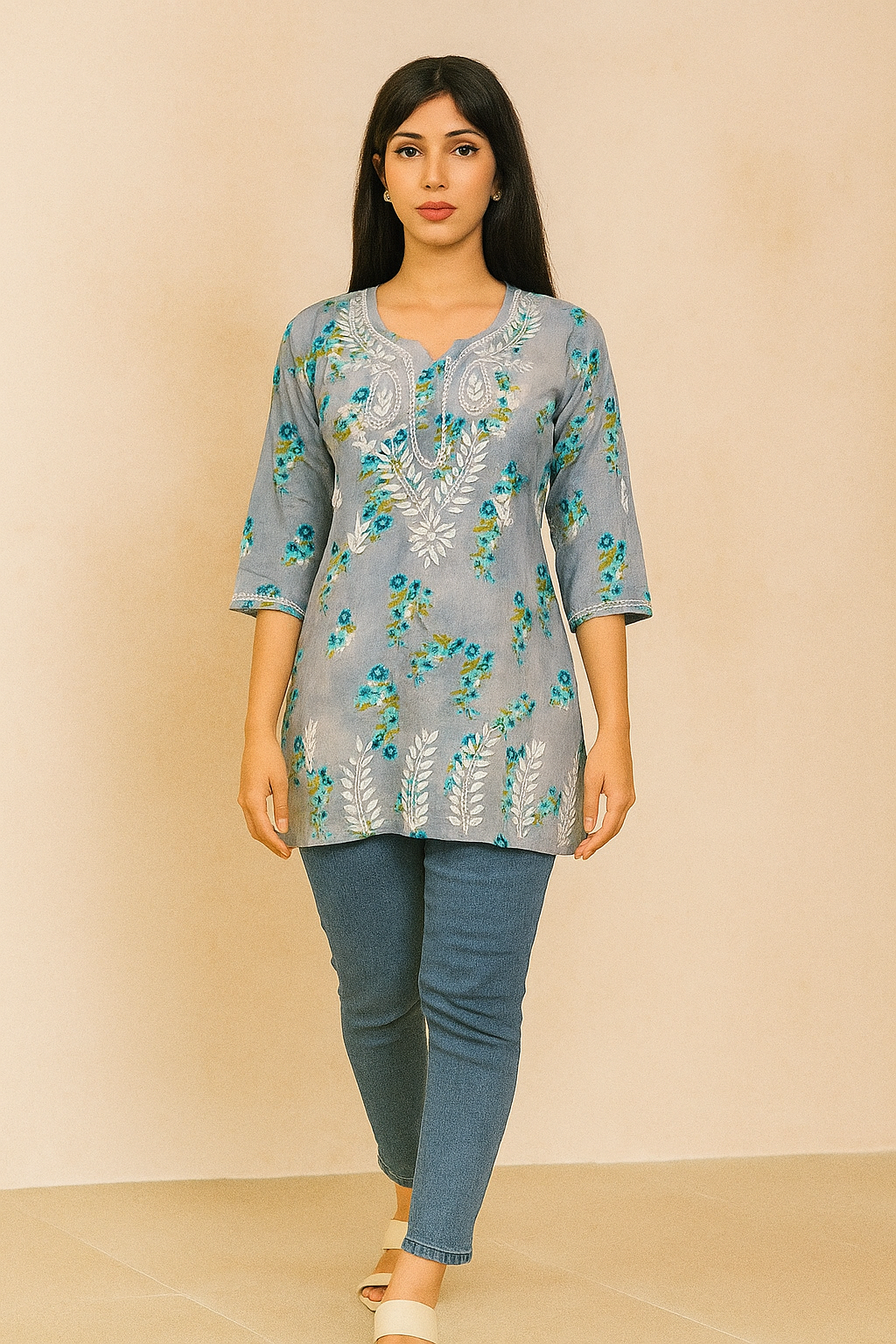 Lucknowi Chikankari Grey 'Dhoondhla' Printed Cotton Short Kurti-T000024