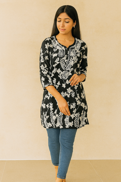Lucknowi Chikankari Black 'Siah' Printed Cotton Short Kurti-T000025