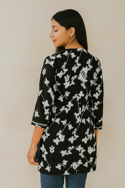 Lucknowi Chikankari Black 'Siah' Printed Cotton Short Kurti-T000025