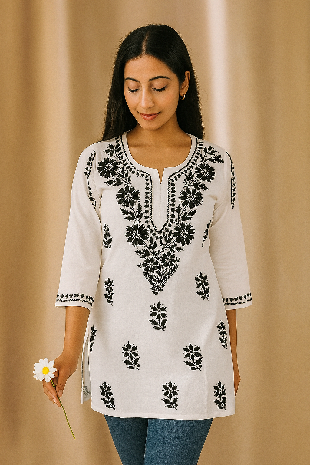 Lucknowi Chikankari White 'Ujaala' Cotton Short Kurti-T000026