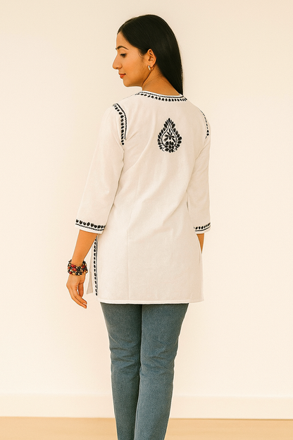 Lucknowi Chikankari White 'Ujaala' Cotton Short Kurti-T000026
