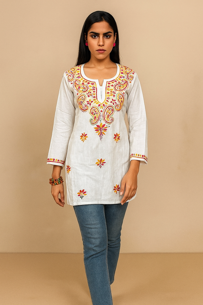 Lucknowi Chikankari White 'Ujaala' Cotton Short Kurti-T000027