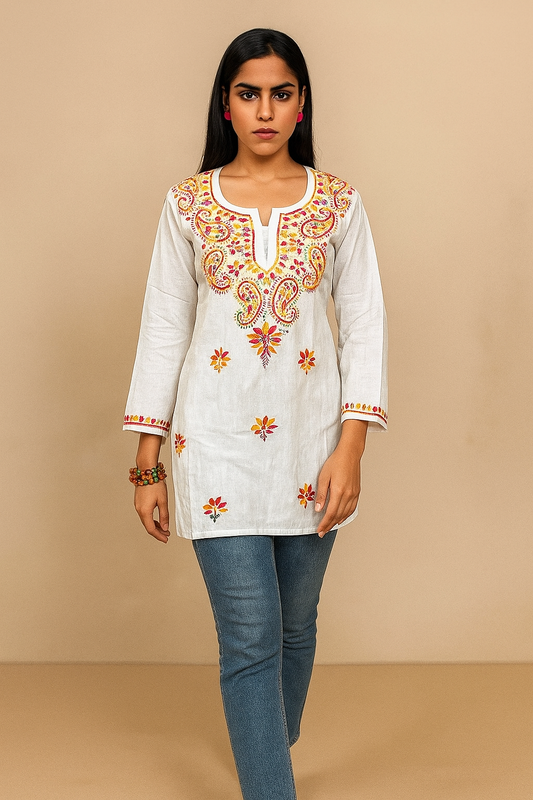 Lucknowi Chikankari White 'Ujaala' Cotton Short Kurti-T000027