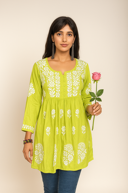 Lucknowi Chikankari Green 'Bahar' Modal Short Kurti-T000033