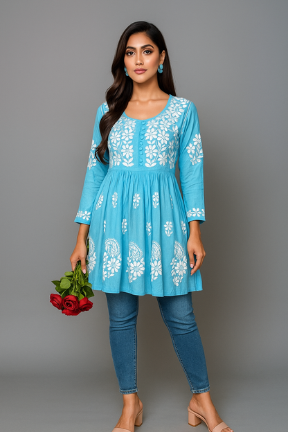 Lucknowi Chikankari Blue 'Aab-e-Asmaan-Modal Short Kurti-T000034