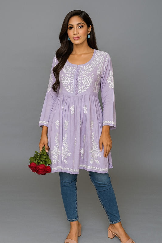 Lucknowi Chikankari Lavender 'Jamuni' Modal Short Kurti-T000035