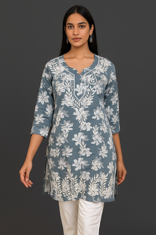 Lucknowi Chikankari Grey 'Dhoondhla' Printed Cotton Short Kurti-T000028