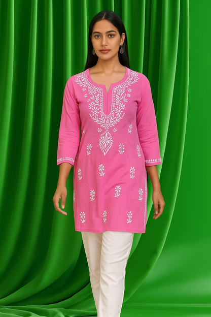 Lucknowi Chikankari Pink 'Shagufta' Cotton Short Kurti-T000029