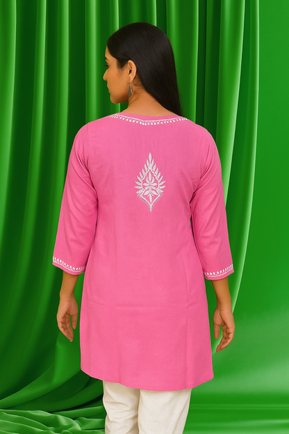 Lucknowi Chikankari Pink 'Shagufta' Cotton Short Kurti-T000029