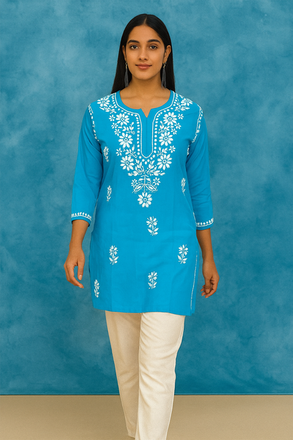 Lucknowi Chikankari Blue ' Aab-e-Asmaan' Cotton Short Kurti-T000030