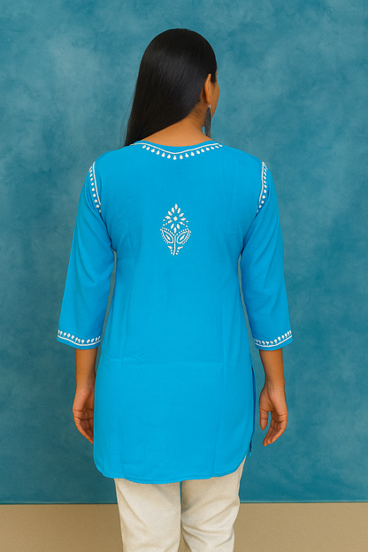 Lucknowi Chikankari Blue ' Aab-e-Asmaan' Cotton Short Kurti-T000030