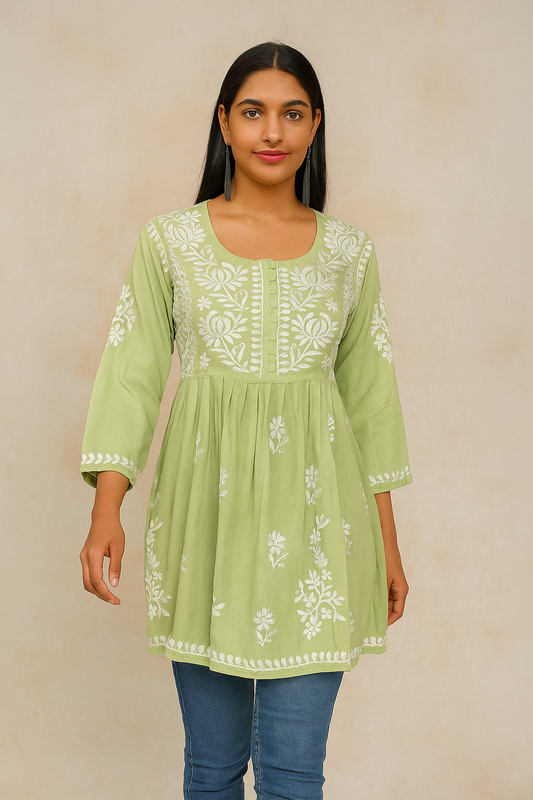 Lucknowi Chikankari Green 'Bahar' Modal Short Kurti-T000031
