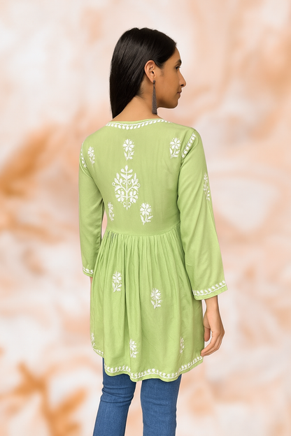 Lucknowi Chikankari Green 'Bahar' Modal Short Kurti-T000031