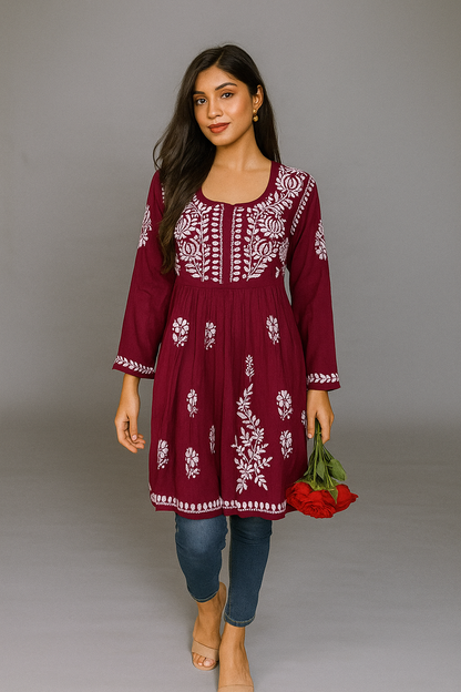 Lucknowi Chikankari Maroon 'Surkh' Modal Short Kurti-T000039