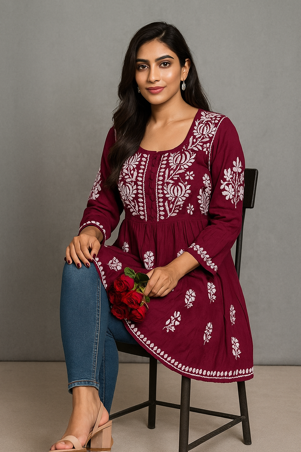 Lucknowi Chikankari Maroon 'Surkh' Modal Short Kurti-T000039