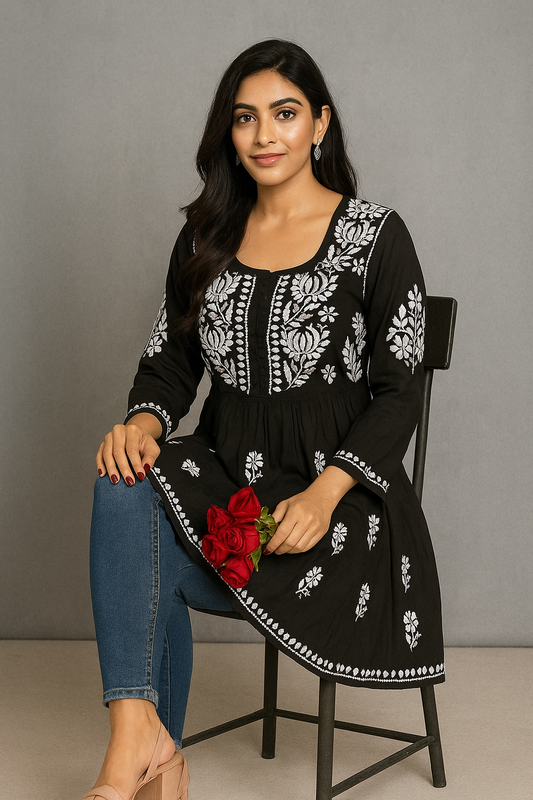 Lucknowi Chikankari Black 'Siah' Modal Short Kurti-T000040