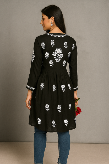 Lucknowi Chikankari Black 'Siah' Modal Short Kurti-T000040