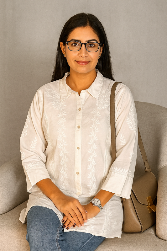 Lucknowi Chikankari White 'Ujaala' Cotton Shirt-T000041