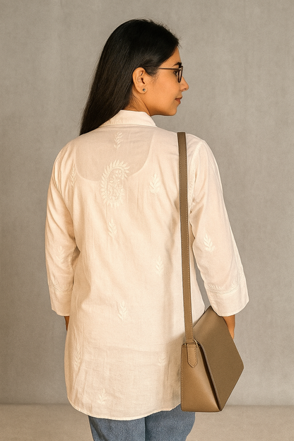 Lucknowi Chikankari White 'Ujaala' Cotton Shirt-T000041
