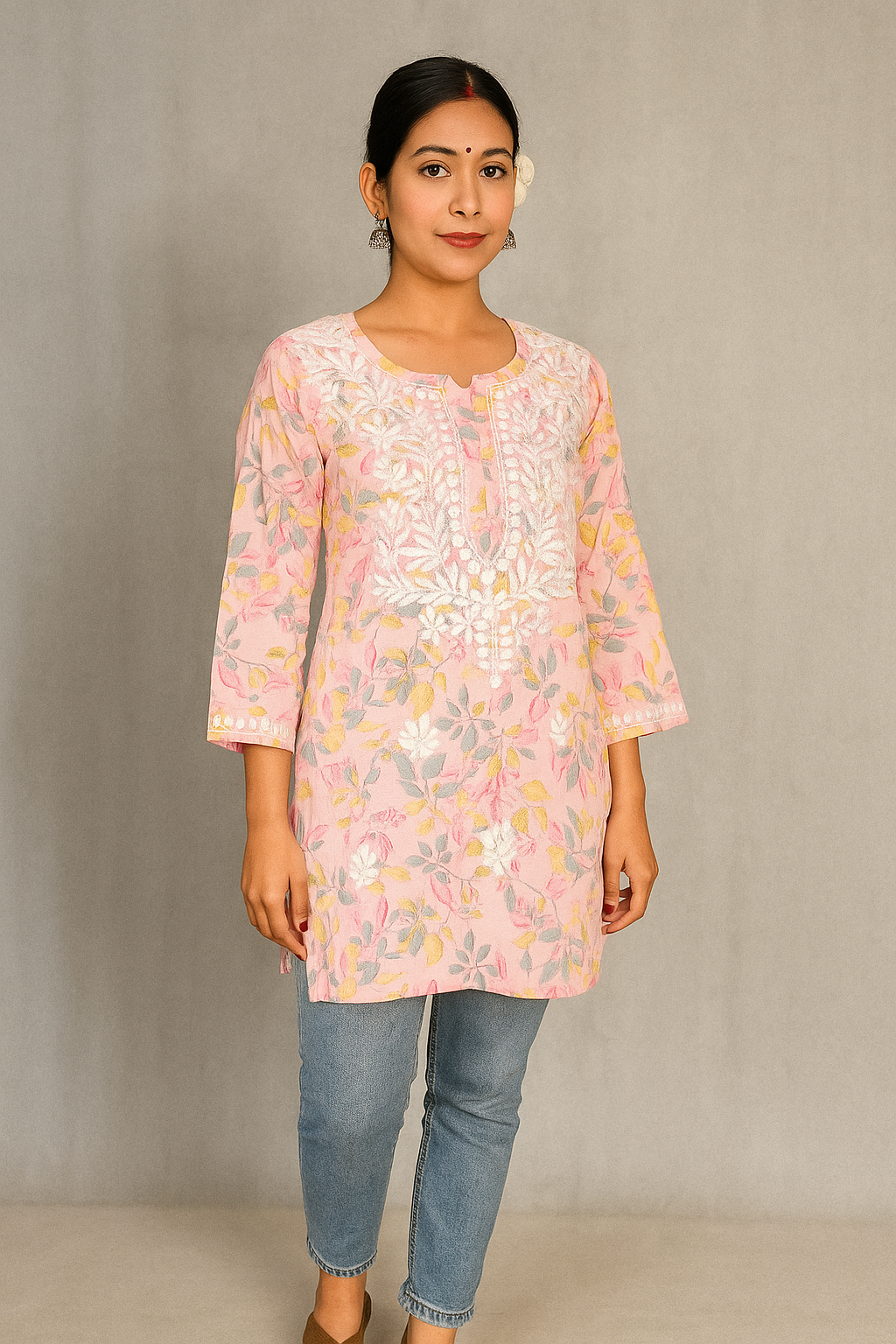 Lucknowi Chikankari Pink 'Shagufta' Printed Cotton Short Kurti-T000043