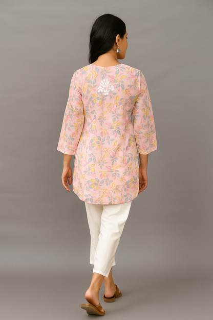 Lucknowi Chikankari Pink 'Shagufta' Printed Cotton Short Kurti-T000043