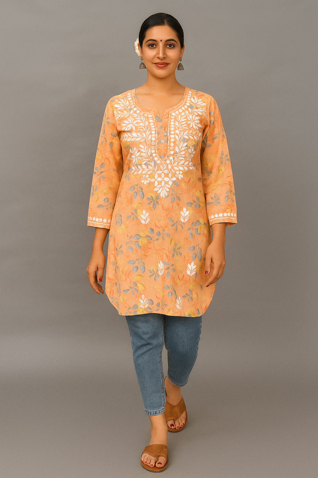 Lucknowi Chikankari Orange 'Narangi' Printed Cotton Short Kurti-T000044