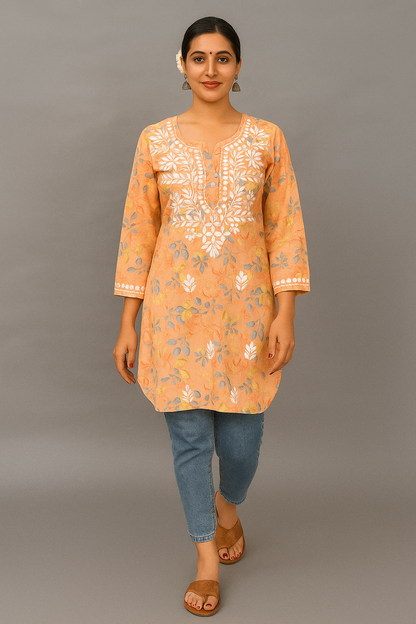 Lucknowi Chikankari Orange 'Narangi' Printed Cotton Short Kurti-T000044