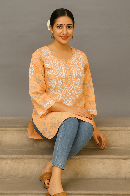 Lucknowi Chikankari Orange 'Narangi' Printed Cotton Short Kurti-T000044