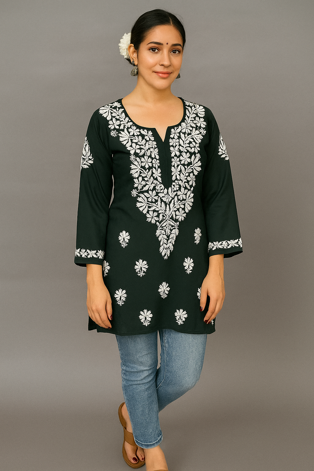 Lucknowi Chikankari Green 'Bahar' Modal Short Kurti-T000045