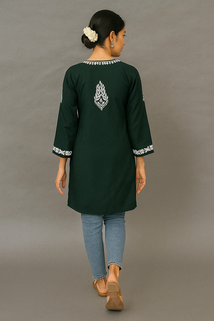 Lucknowi Chikankari Green 'Bahar' Modal Short Kurti-T000045