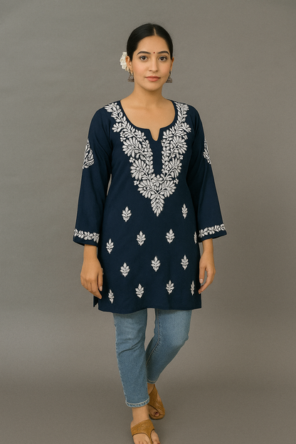 Lucknowi Chikankari Navy Blue 'Aab-e-Asmaan' Modal Short Kurti-T000046
