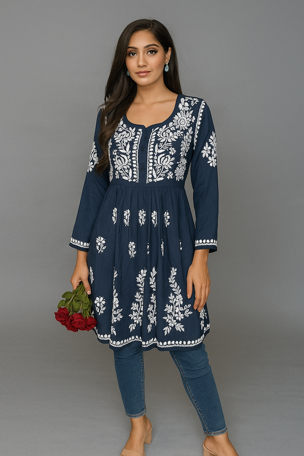 Lucknowi Chikankari Navy Blue 'Aab-e-Asmaan- Modal Short Kurti-T000037