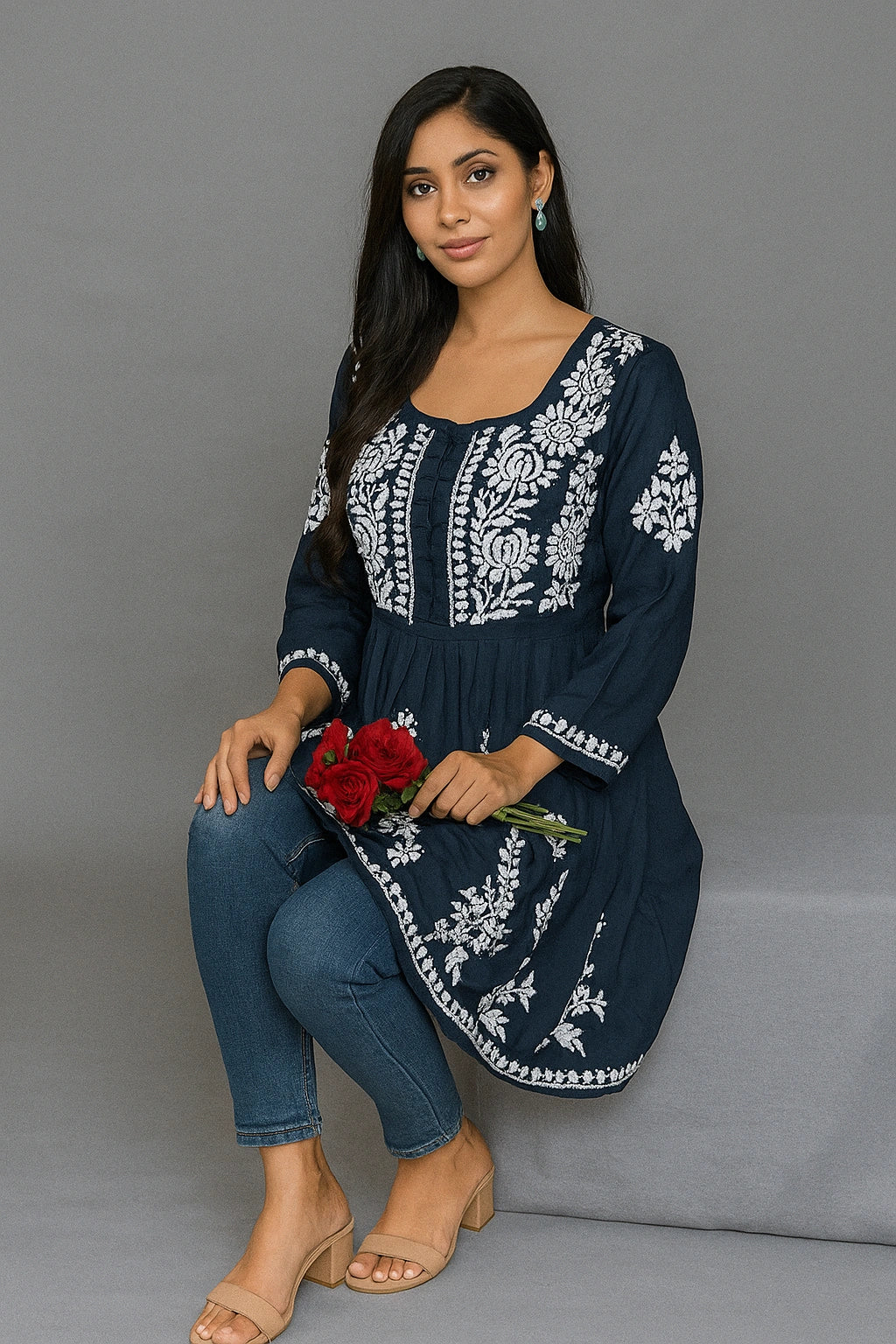 Lucknowi Chikankari Women's Navy Blue 'Aab-e-Asmaan' Modal Short Kurti