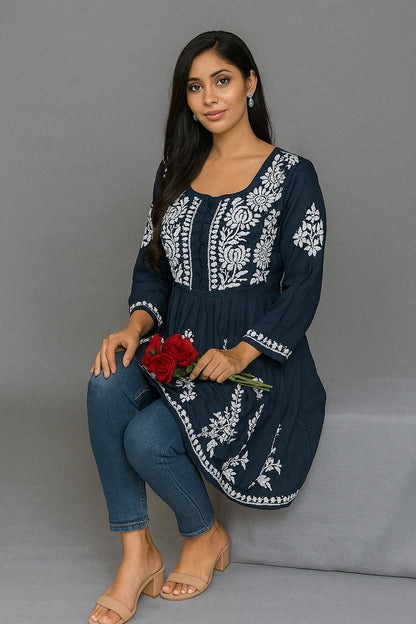 Lucknowi Chikankari Women's Navy Blue 'Aab-e-Asmaan' Modal Short Kurti