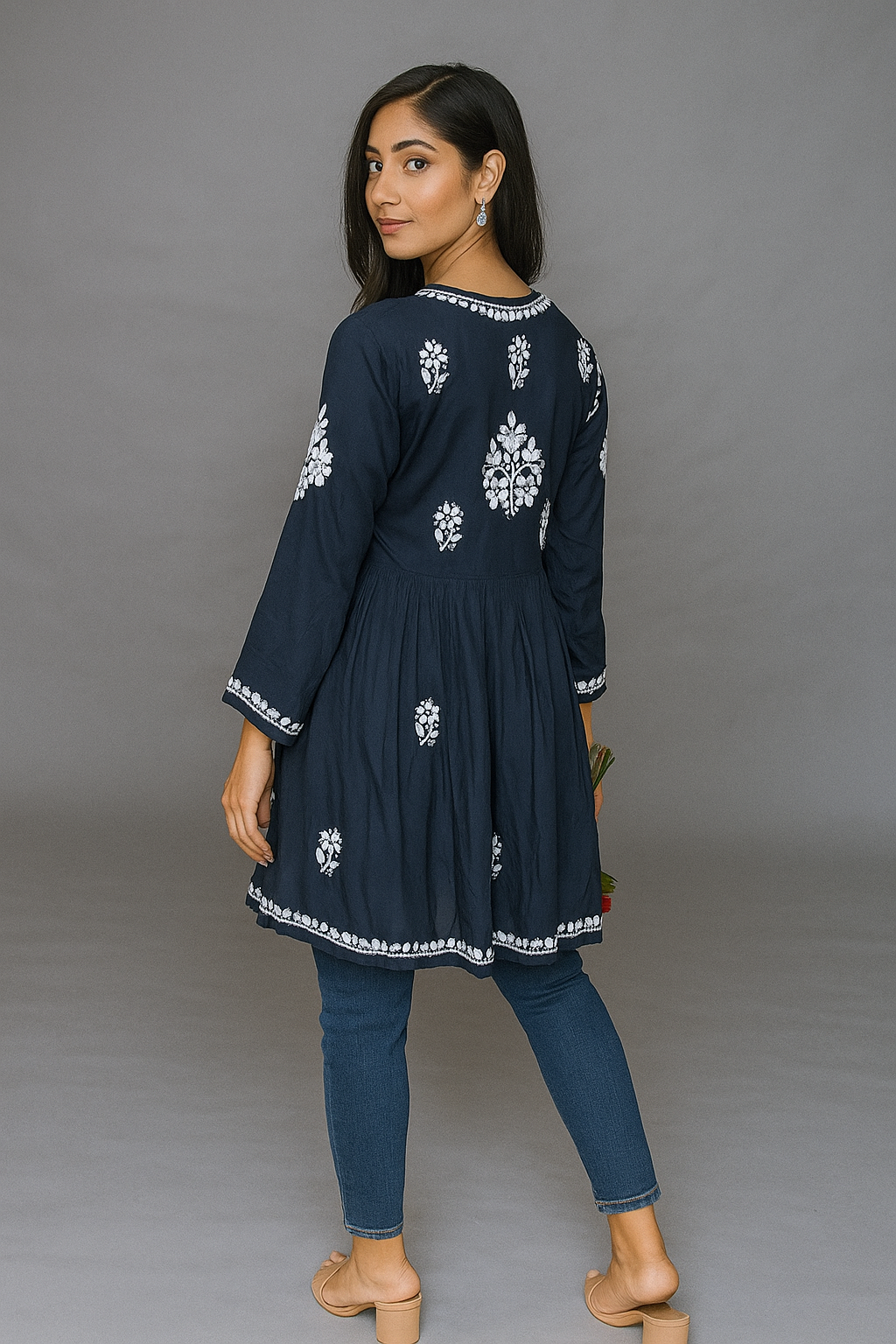Lucknowi Chikankari Navy Blue 'Aab-e-Asmaan- Modal Short Kurti-T000037