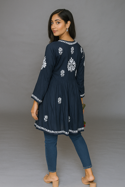 Lucknowi Chikankari Navy Blue 'Aab-e-Asmaan- Modal Short Kurti-T000037