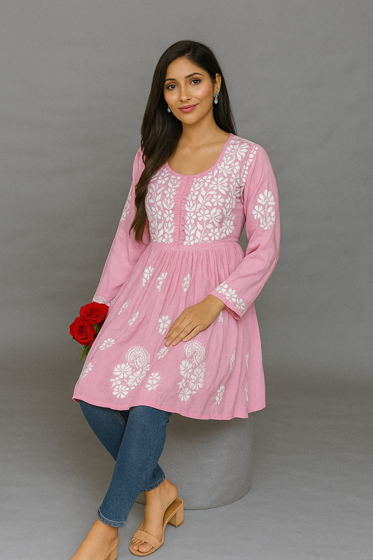 Lucknowi Chikankari Pink 'Shagufta' Modal Short Kurti-T000038