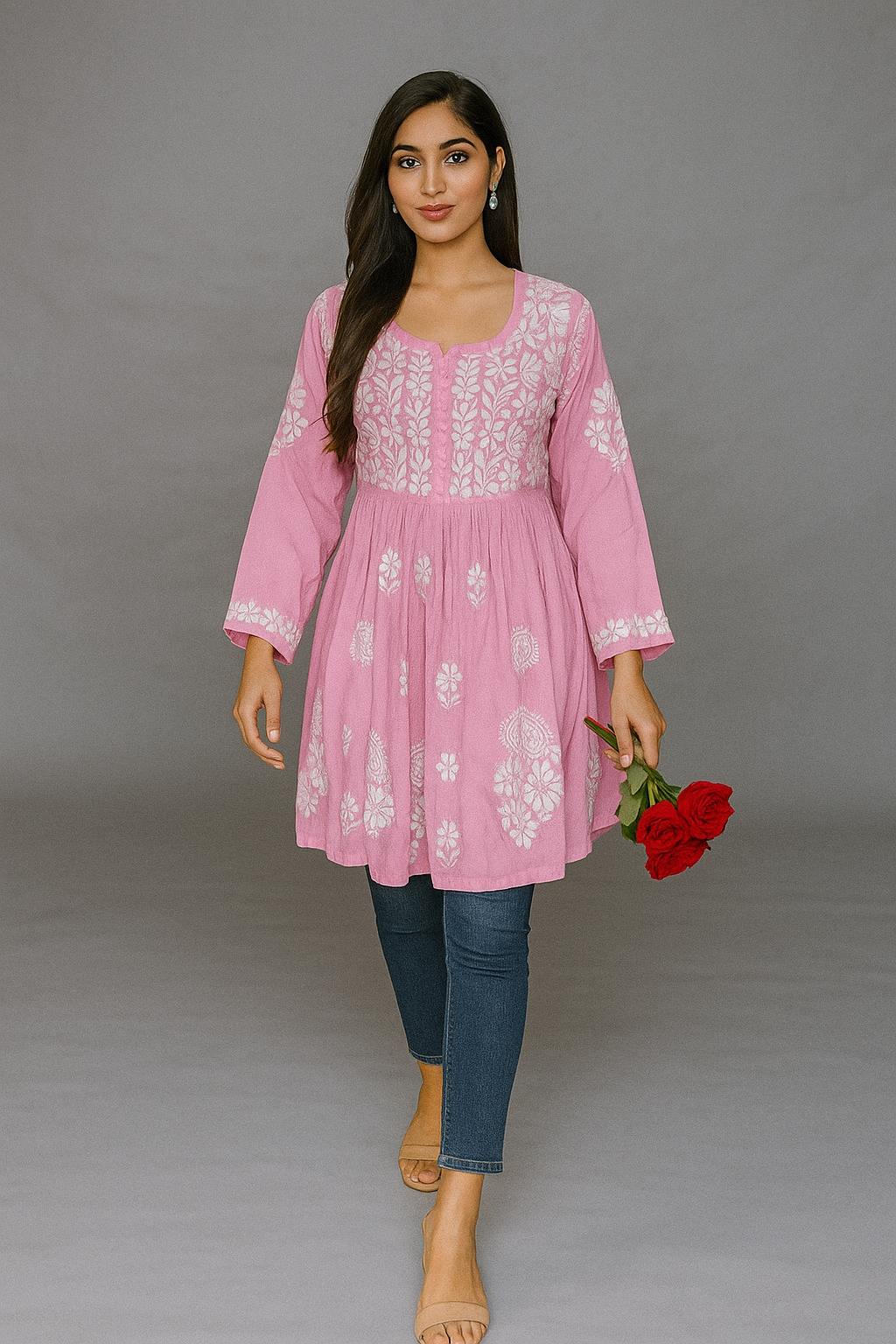 Lucknowi Chikankari Pink 'Shagufta' Modal Short Kurti-T000038