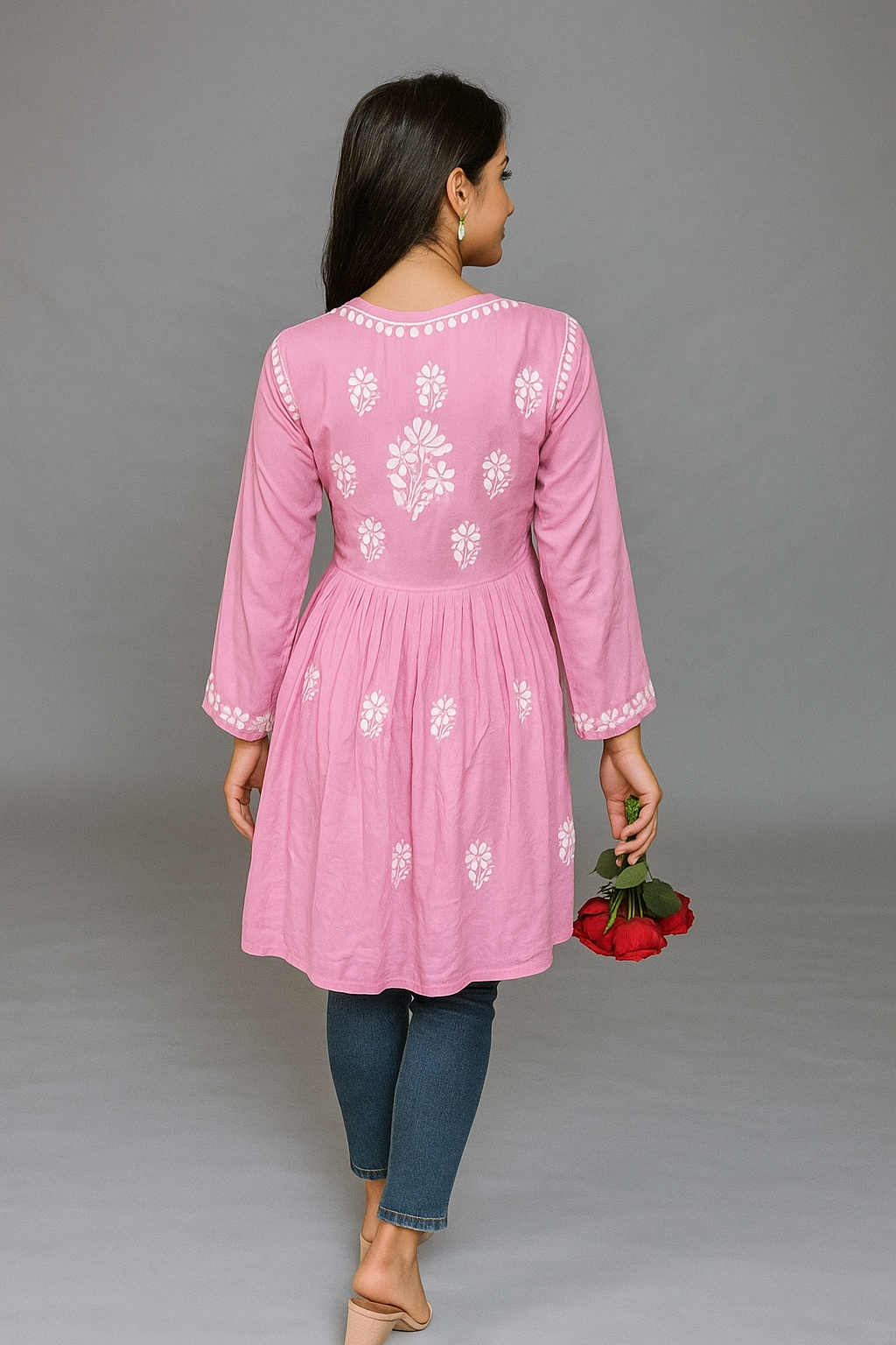 Lucknowi Chikankari Pink 'Shagufta' Modal Short Kurti-T000038