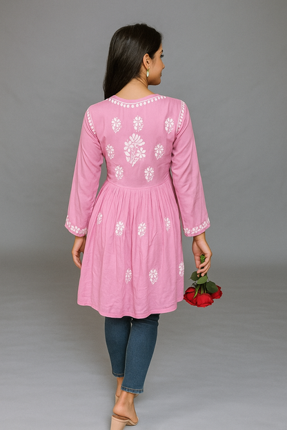 Lucknowi Chikankari Pink 'Shagufta' Modal Short Kurti-T000038
