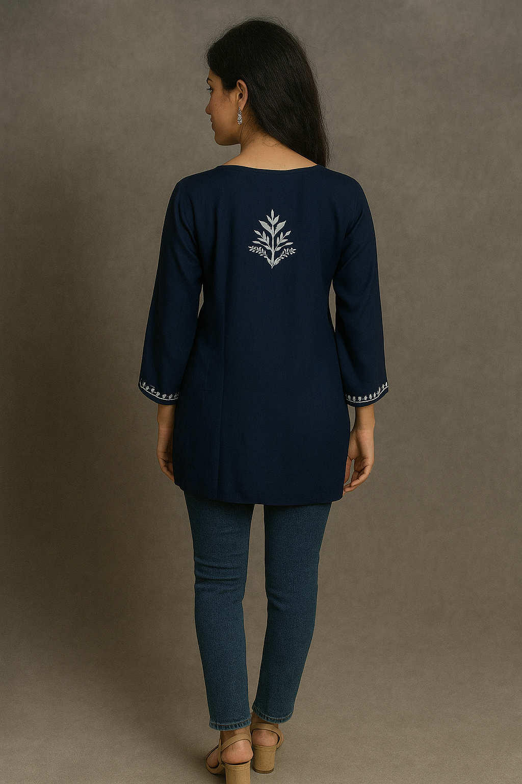 Lucknowi Chikankari Navy Blue 'Aab-e-Asmaan' Rayon Short Kurti-T000062
