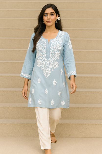 Lucknowi Chikankari Grey Dhoondhla' Modal Short Kurti-T000049