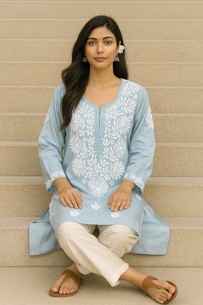 Lucknowi Chikankari Grey Dhoondhla' Modal Short Kurti-T000049