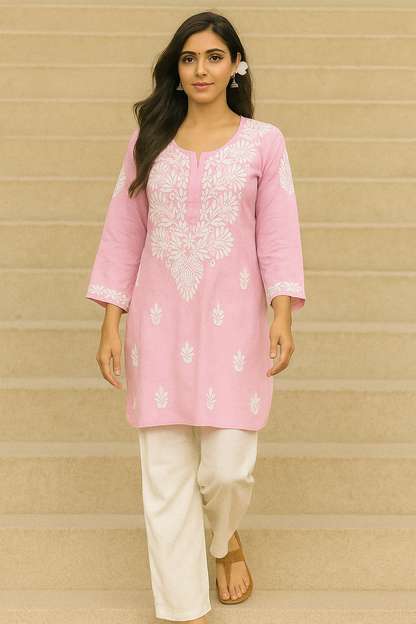 Lucknowi Chikankari Pink 'Shagufta' Modal Short Kurti-T000050