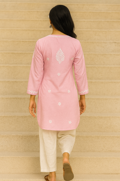 Lucknowi Chikankari Pink 'Shagufta' Modal Short Kurti-T000050