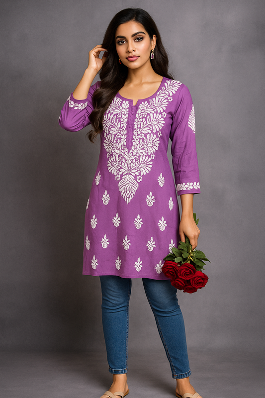 Lucknowi Chikankari Mauve 'Jamuni' Modal Short Kurti-T000053